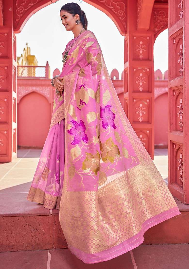 Pink Zari Woven Work Banarasi Cotton Blend Saree Set for Diwali and Festive Wear - Indya
