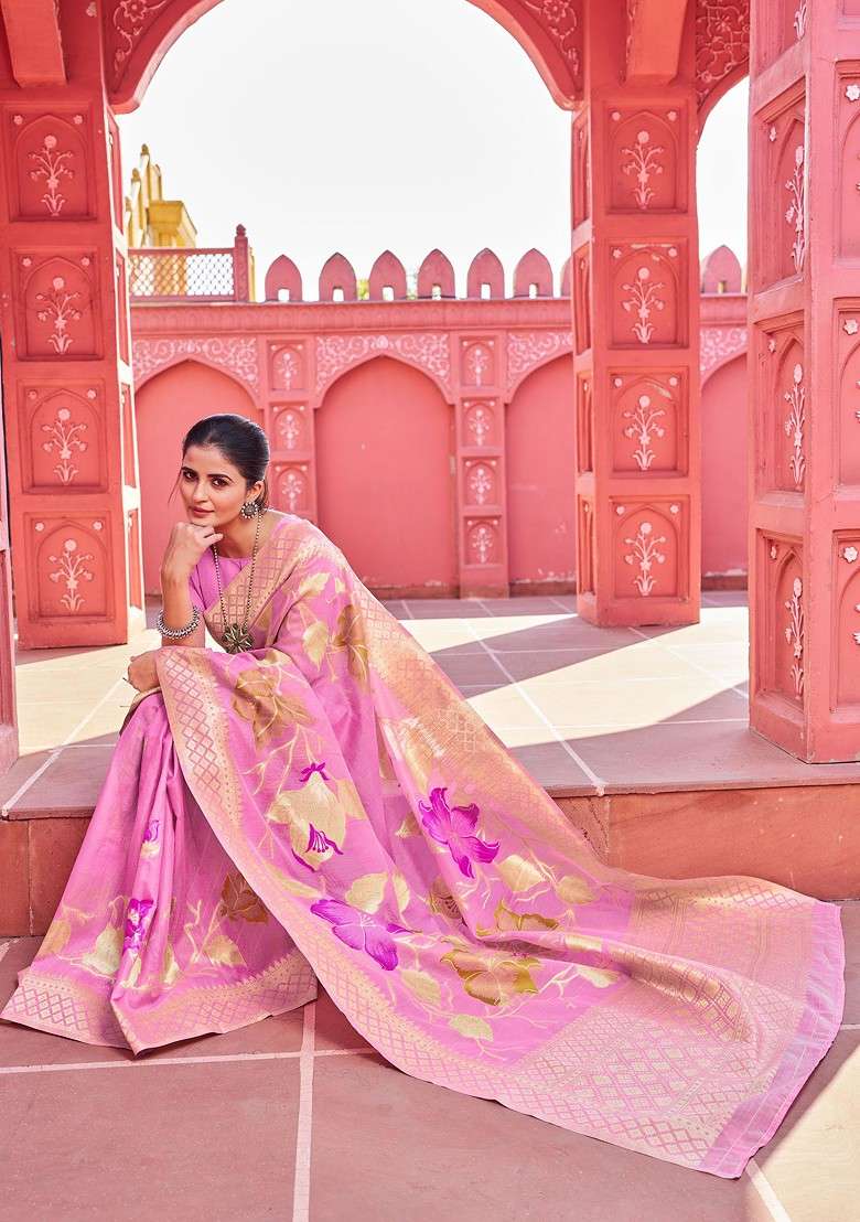 Pink Zari Woven Work Banarasi Cotton Blend Saree Set for Diwali and Festive Wear - Indya