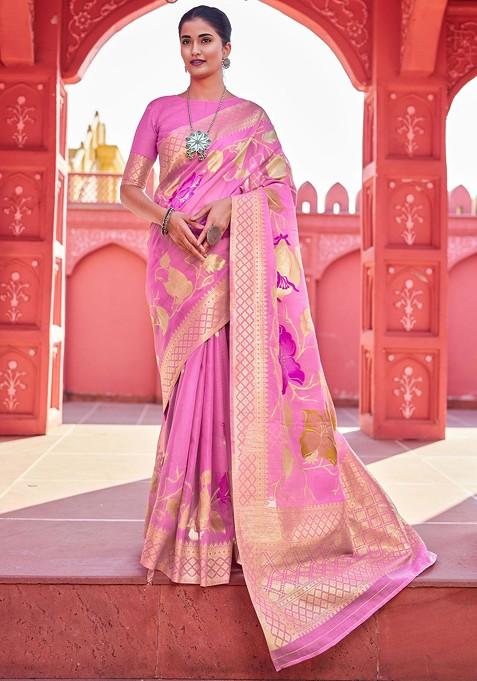 Pink Zari Woven Work Banarasi Cotton Blend Saree Set