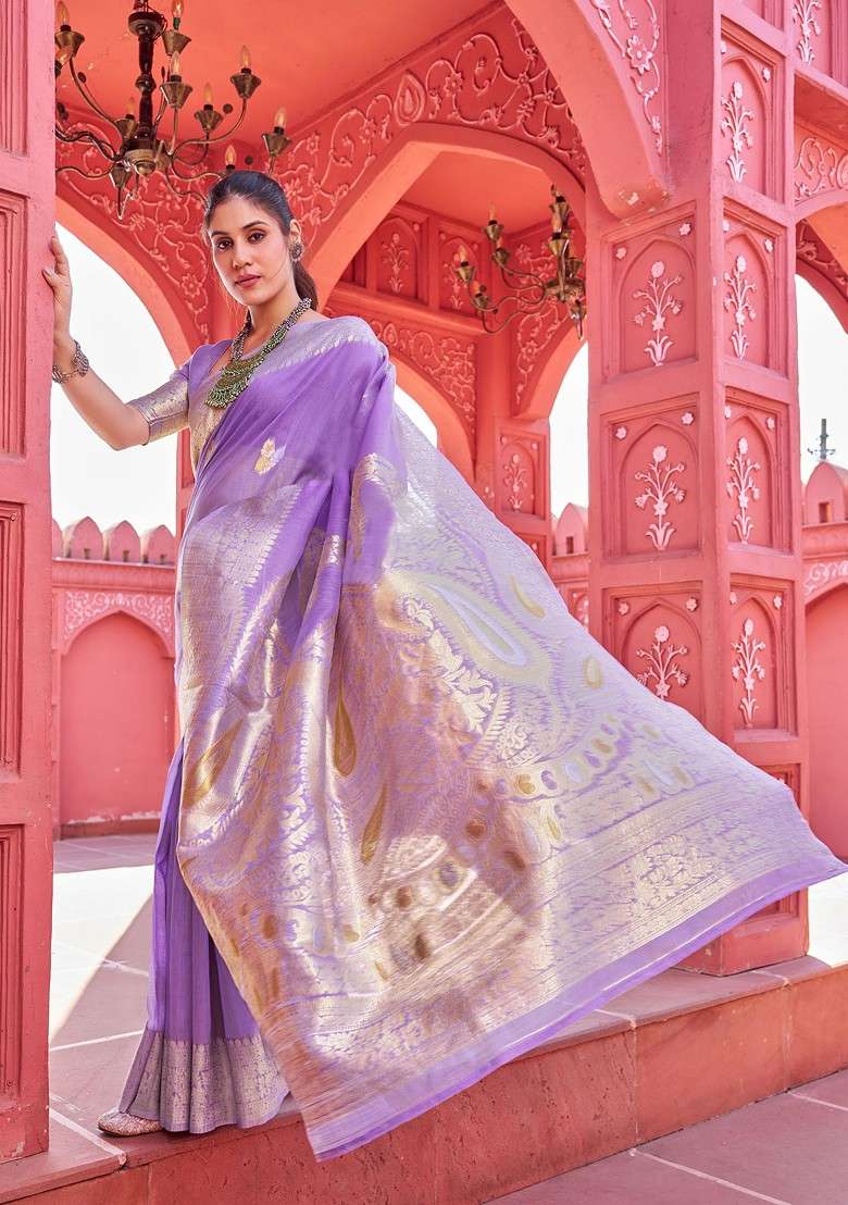 Purple Zari Woven Work Banarasi Cotton Blend Saree Set - Indya