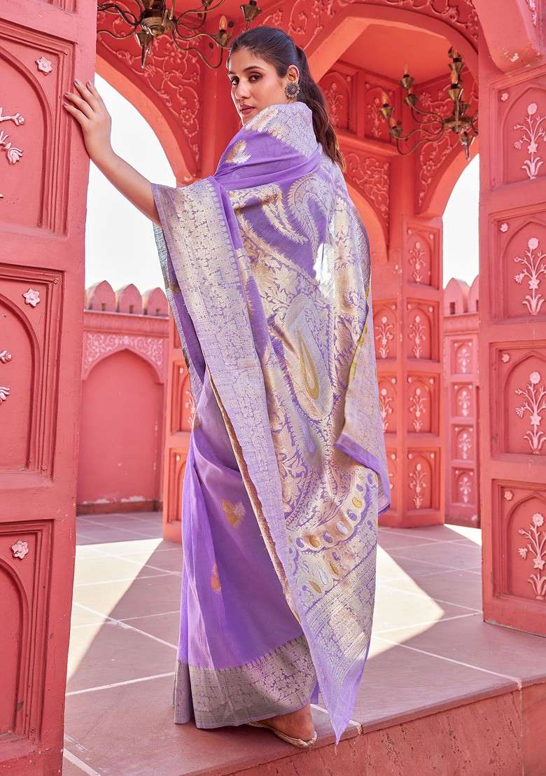 Purple Zari Woven Work Banarasi Cotton Blend Saree Set - Indya