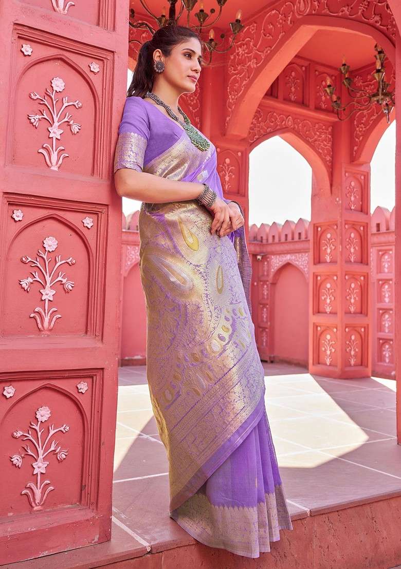 Purple Zari Woven Work Banarasi Cotton Blend Saree Set - Indya