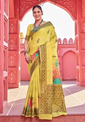 Yellow Zari Woven Work Banarasi Cotton Blend Saree Set
