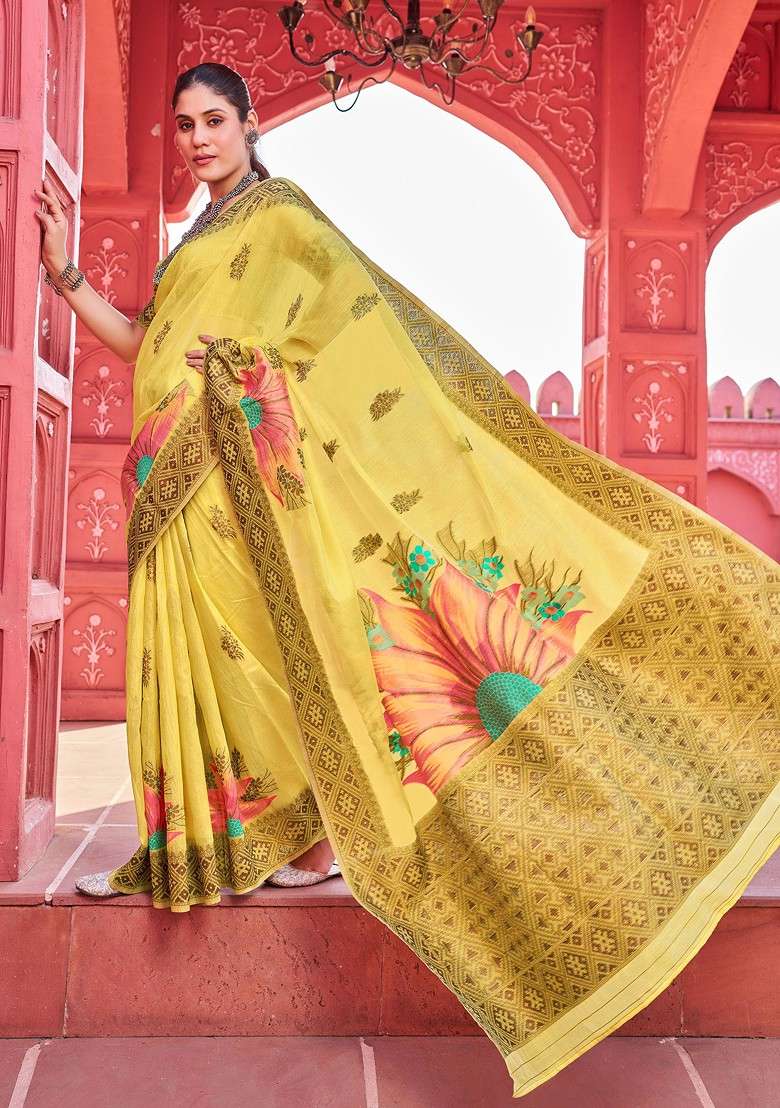 Yellow Zari Woven Work Banarasi Cotton Blend Saree Set - Indya