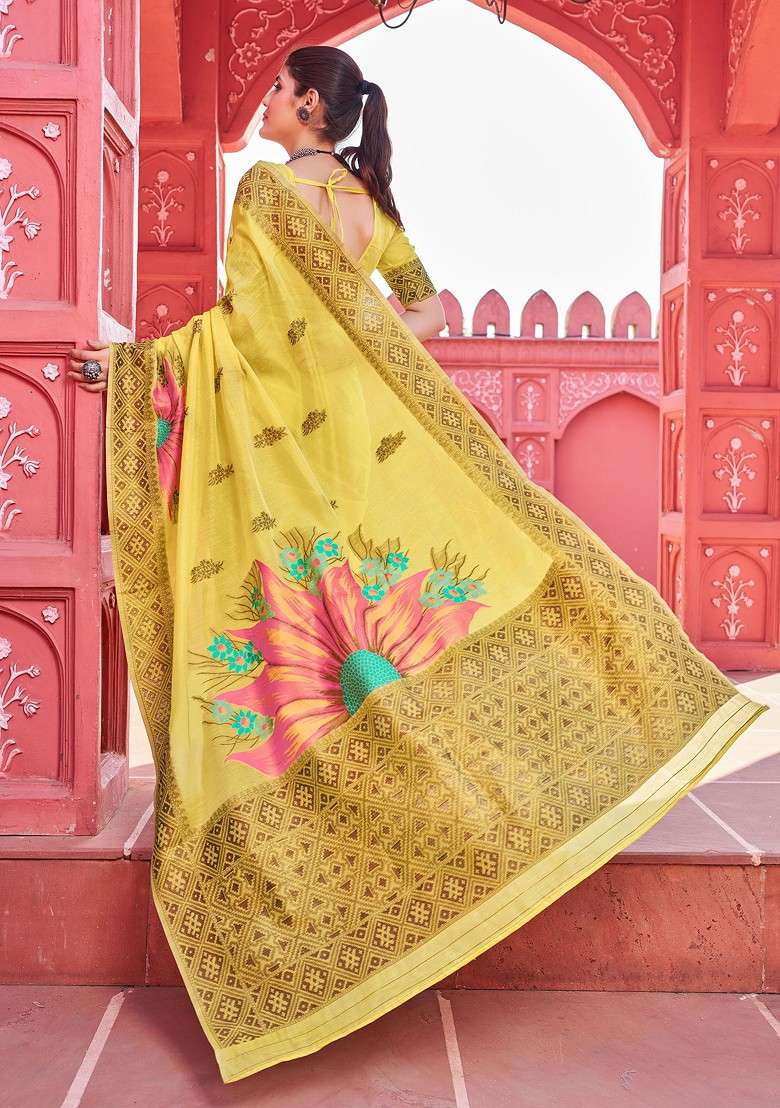 Yellow Zari Woven Work Banarasi Cotton Blend Saree Set - Indya