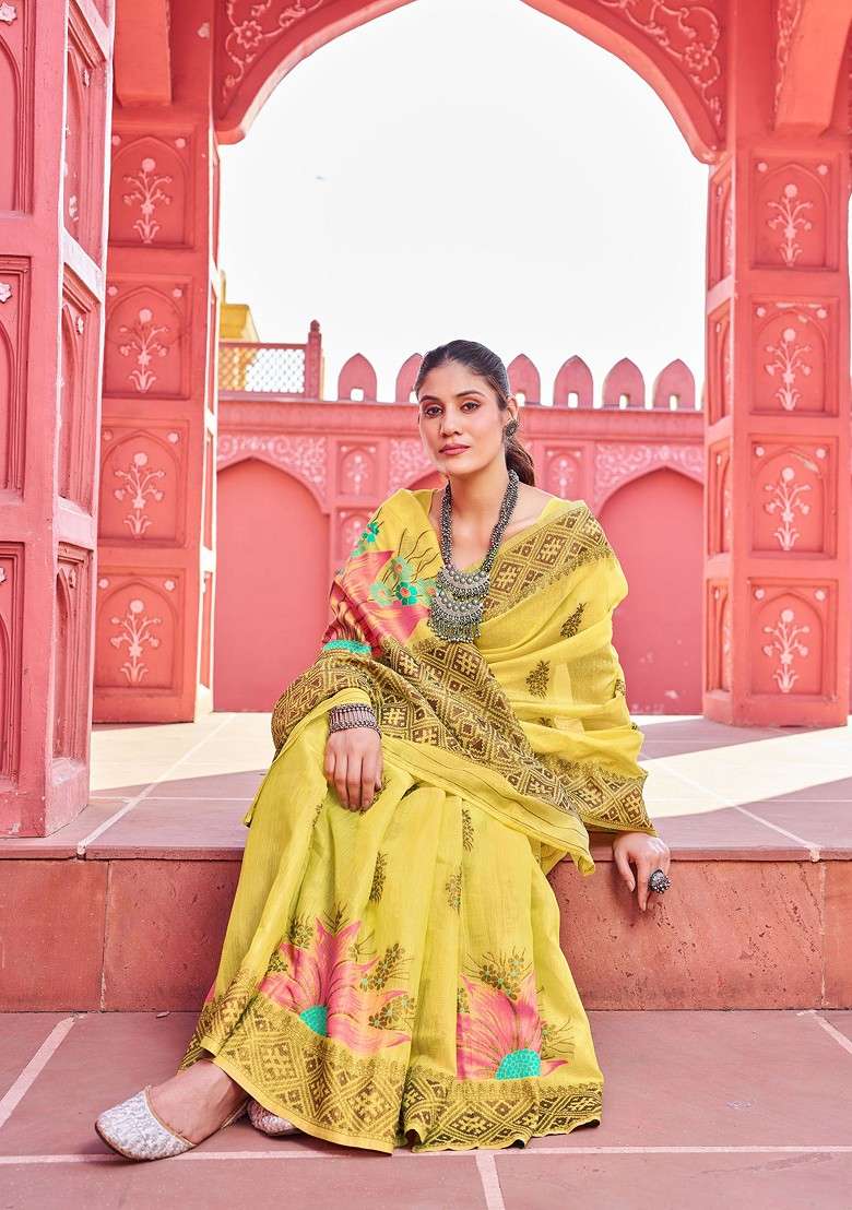 Yellow Zari Woven Work Banarasi Cotton Blend Saree Set - Indya