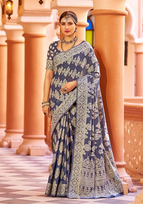 Blue Woven Work Banarasi Cotton Blend Saree Set