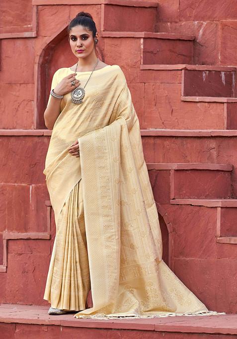 Cream Zari Woven Banarasi Silk Blend Saree Set