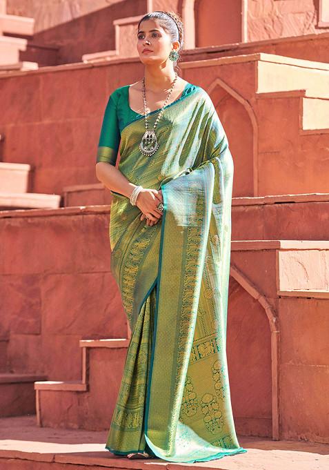 Green Woven Work Banarasi Silk Blend Saree Set