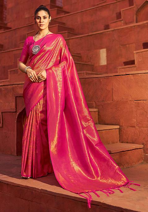 Dark Pink Zari Woven Banarasi Silk Blend Saree Set