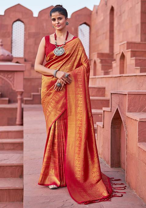 Red Woven Work Banarasi Silk Blend Saree Set