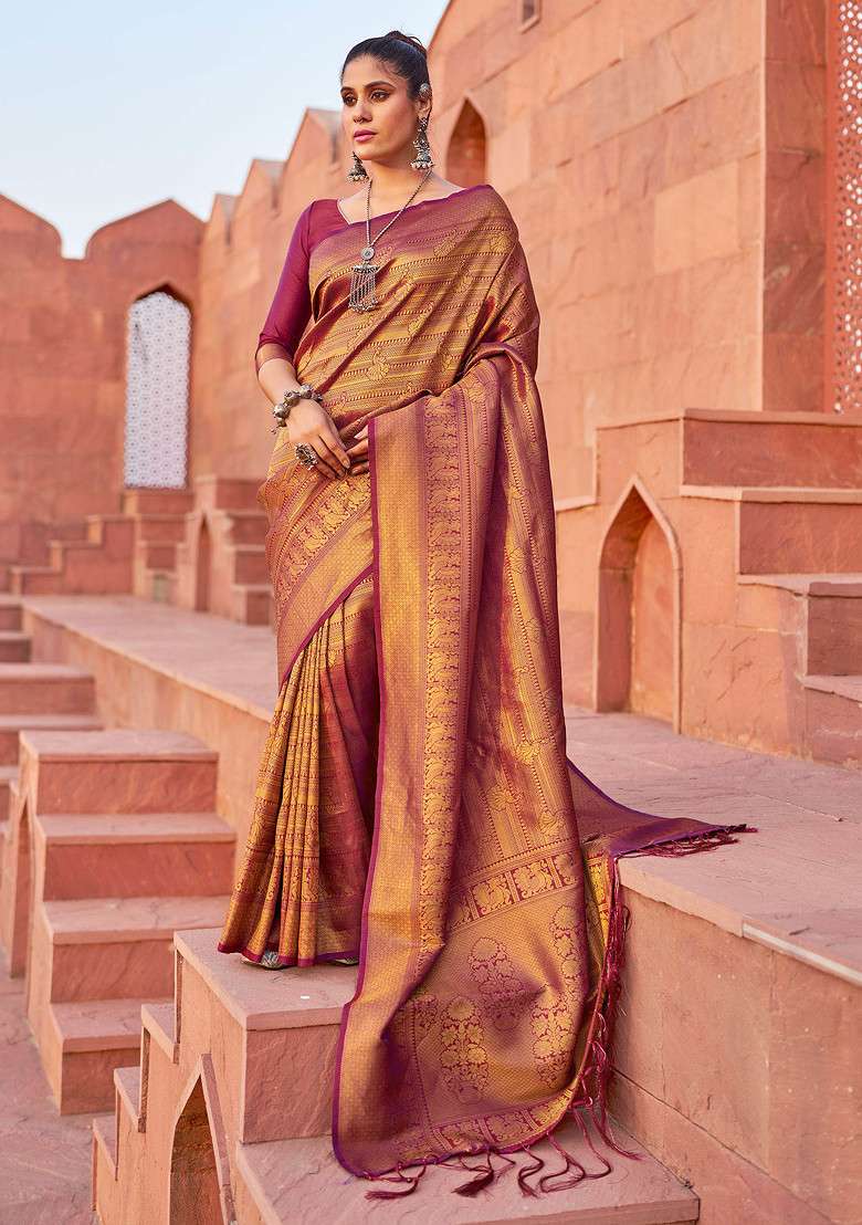Wine Zari Woven Work Banarasi Silk Blend Saree Set - Indya