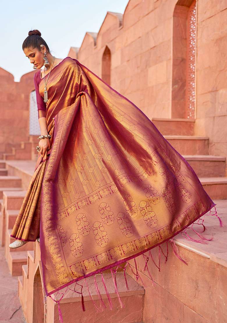 Wine Zari Woven Work Banarasi Silk Blend Saree Set - Indya