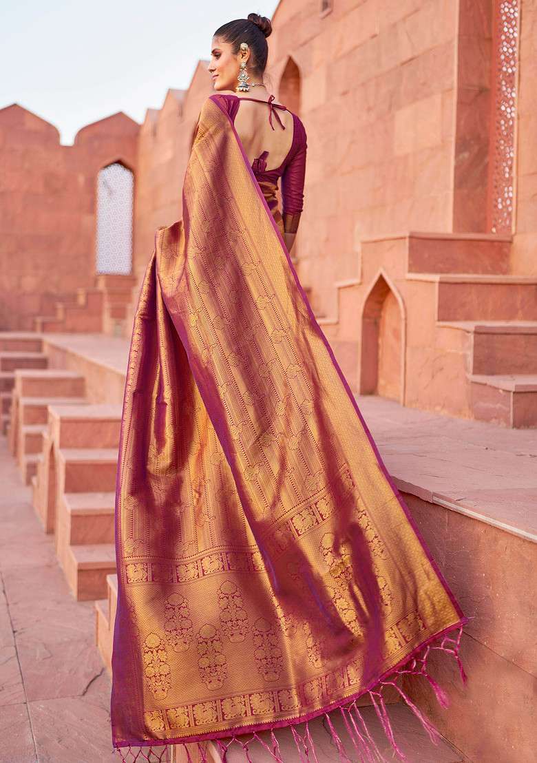 Wine Zari Woven Work Banarasi Silk Blend Saree Set - Indya