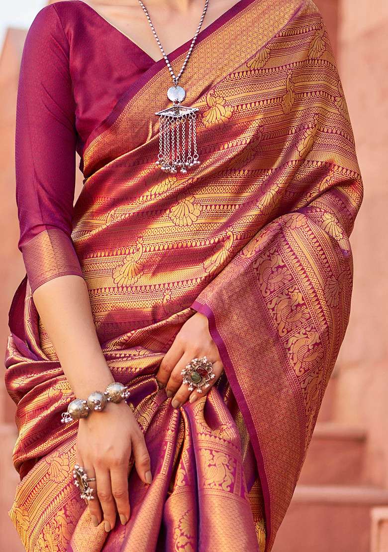 Wine Zari Woven Work Banarasi Silk Blend Saree Set - Indya