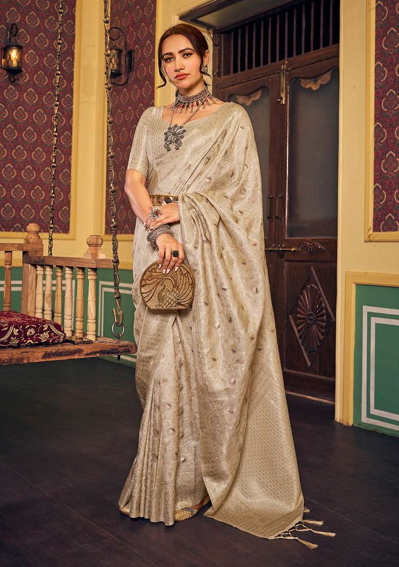 Cream Zari Woven Banarasi Dola Silk Saree Set for Diwali and Festive Wear - Indya