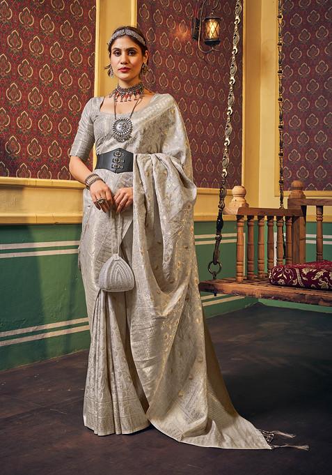 Grey Zari Woven Banarasi Dola Silk Saree Set