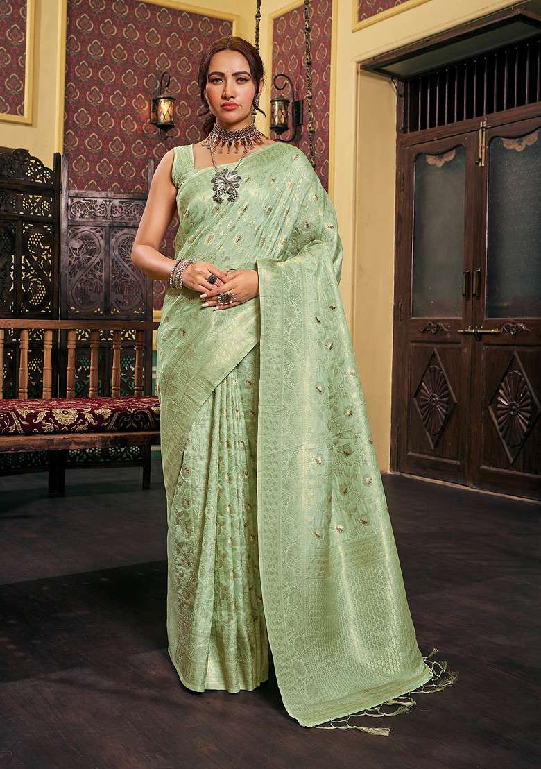 Jeri Green Zari Woven Banarasi Dola Silk Saree Set for Diwali | Wedding & Festive Wear - Indya