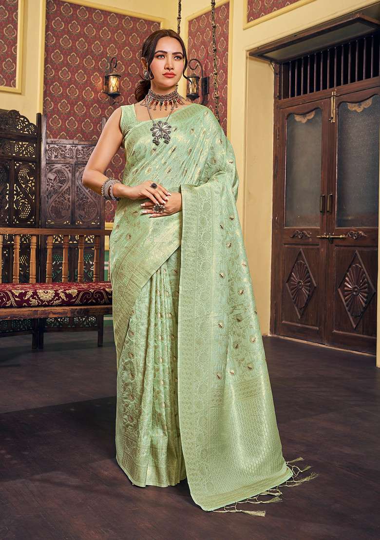 Jeri Green Zari Woven Banarasi Dola Silk Saree Set for Diwali | Wedding & Festive Wear - Indya