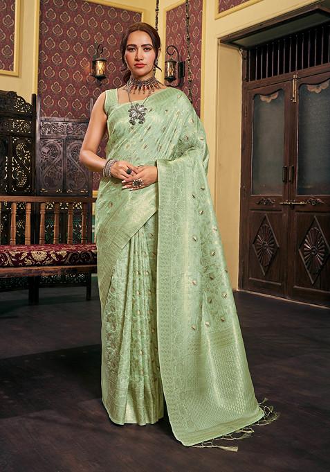 Jeri Green Zari Woven Banarasi Dola Silk Saree Set