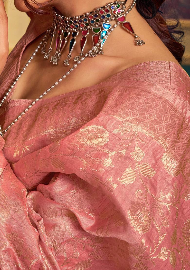 Peach Zari Woven Banarasi Dola Silk Saree Set