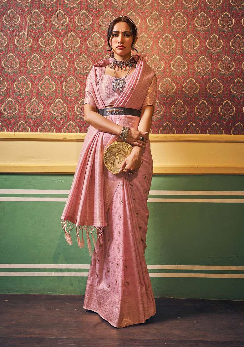 Pink Zari Woven Banarasi Dola Silk Saree Set for Diwali | Wedding & Festive Wear - Indya