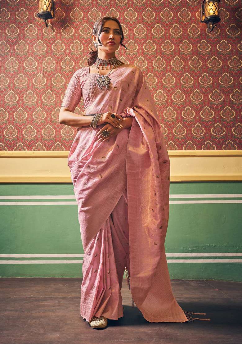 Pink Zari Woven Banarasi Dola Silk Saree Set for Diwali | Wedding & Festive Wear - Indya