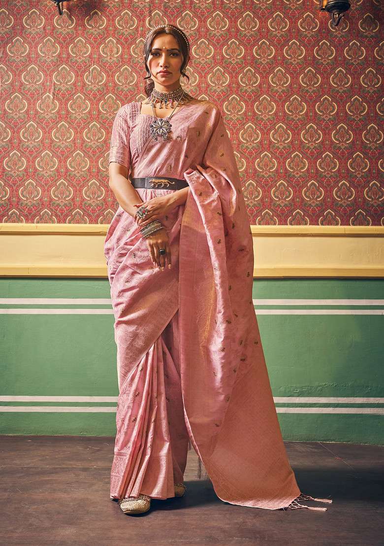 Pink Zari Woven Banarasi Dola Silk Saree Set for Diwali | Wedding & Festive Wear - Indya