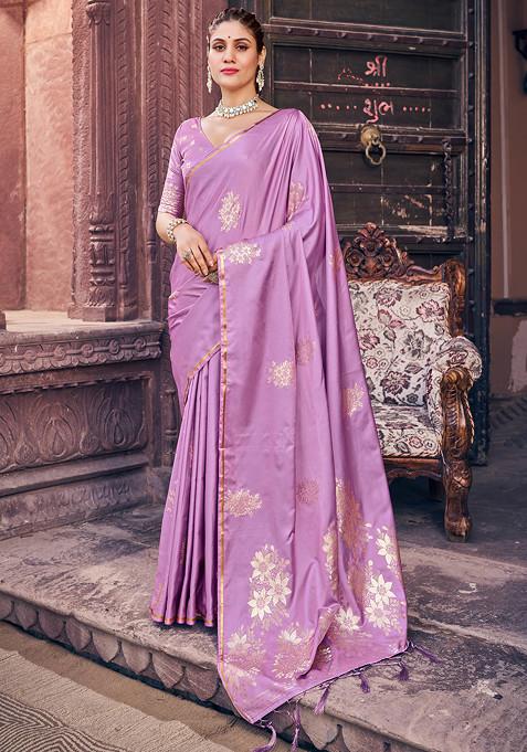 Purple Zari Woven Banarasi Satin Silk Saree Set