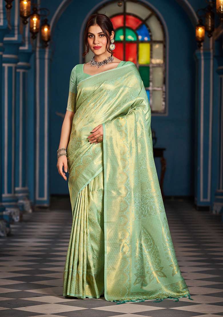 Green Zari Woven Blend Banarasi Silk Saree Set for Diwali | Wedding & Festive Wear - Indya