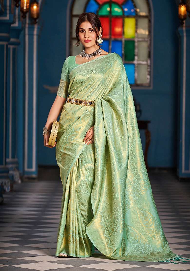 Green Zari Woven Blend Banarasi Silk Saree Set for Diwali | Wedding & Festive Wear - Indya