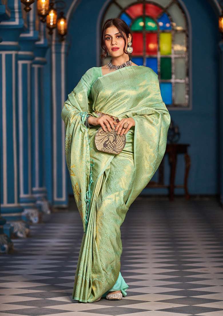 Green Zari Woven Blend Banarasi Silk Saree Set for Diwali | Wedding & Festive Wear - Indya