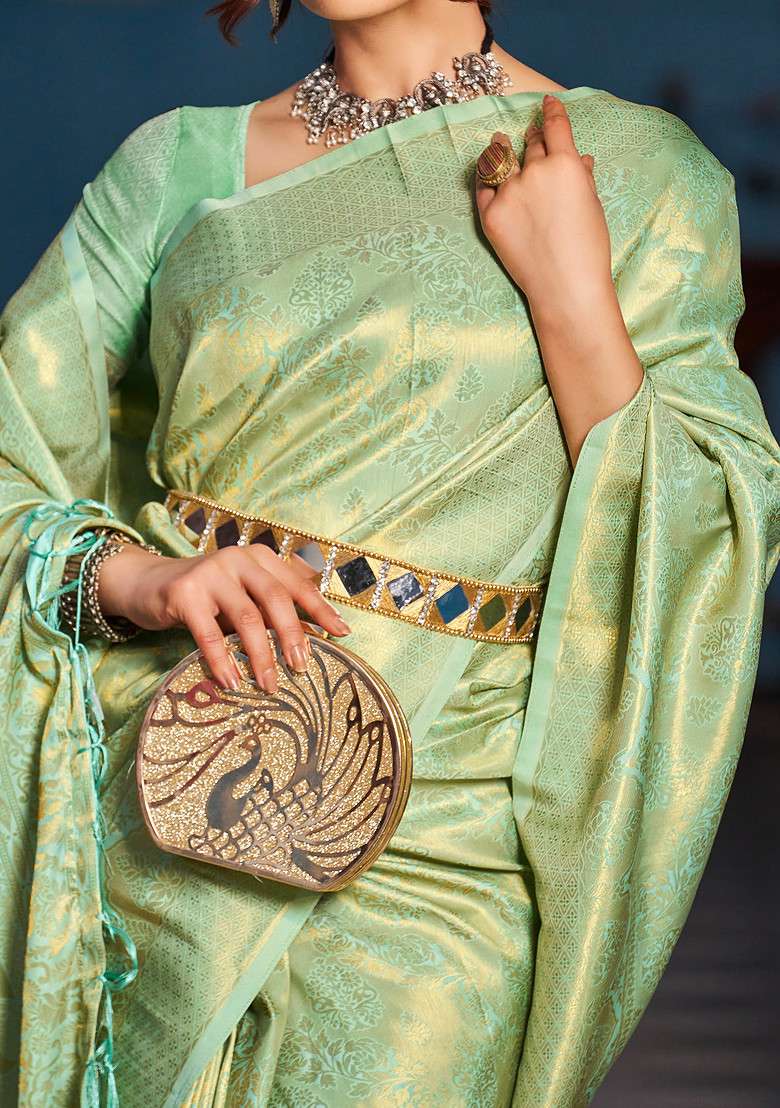 Green Zari Woven Blend Banarasi Silk Saree Set for Diwali | Wedding & Festive Wear - Indya