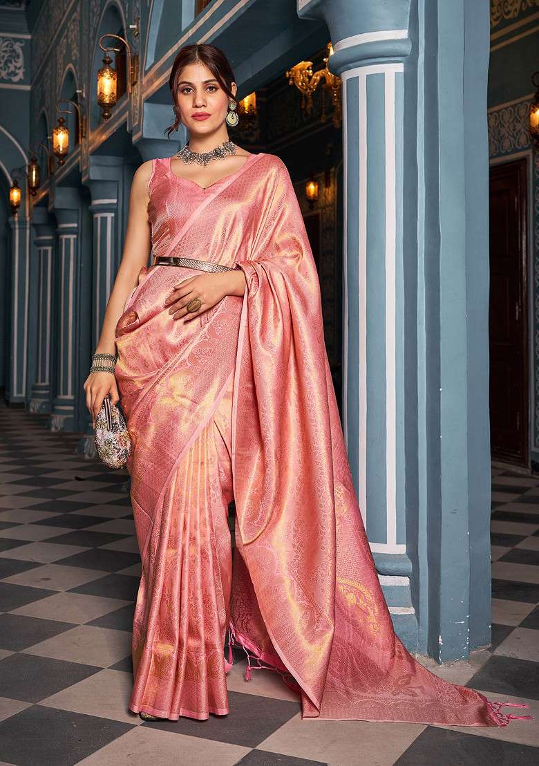 Pink Zari Woven Banarasi Silk Blend Saree Set for Diwali and Festive Wear - Indya