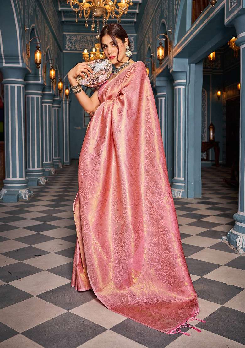 Pink Zari Woven Banarasi Silk Blend Saree Set for Diwali and Festive Wear - Indya
