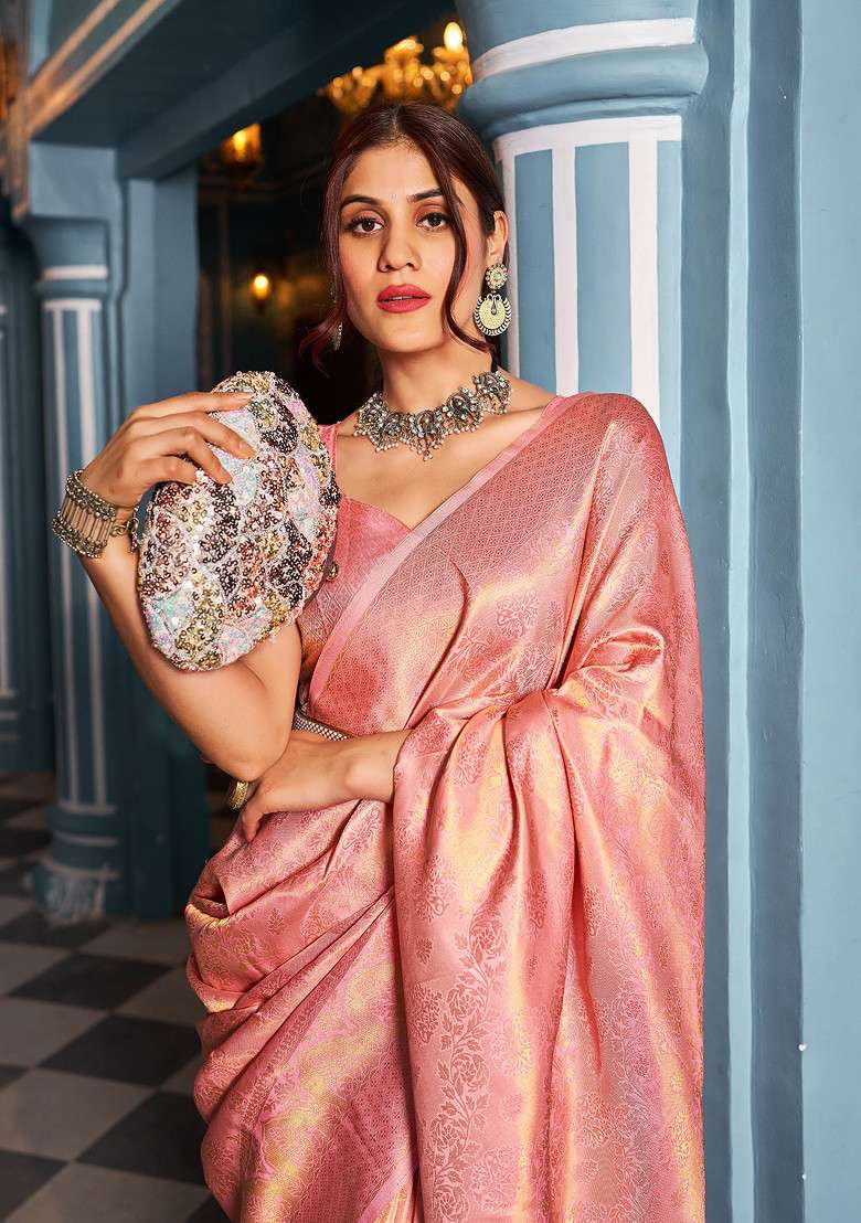 Pink Zari Woven Banarasi Silk Blend Saree Set for Diwali and Festive Wear - Indya