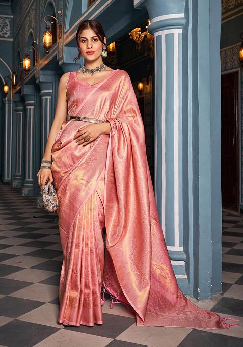 Pink Zari Woven Banarasi Silk Blend Saree Set