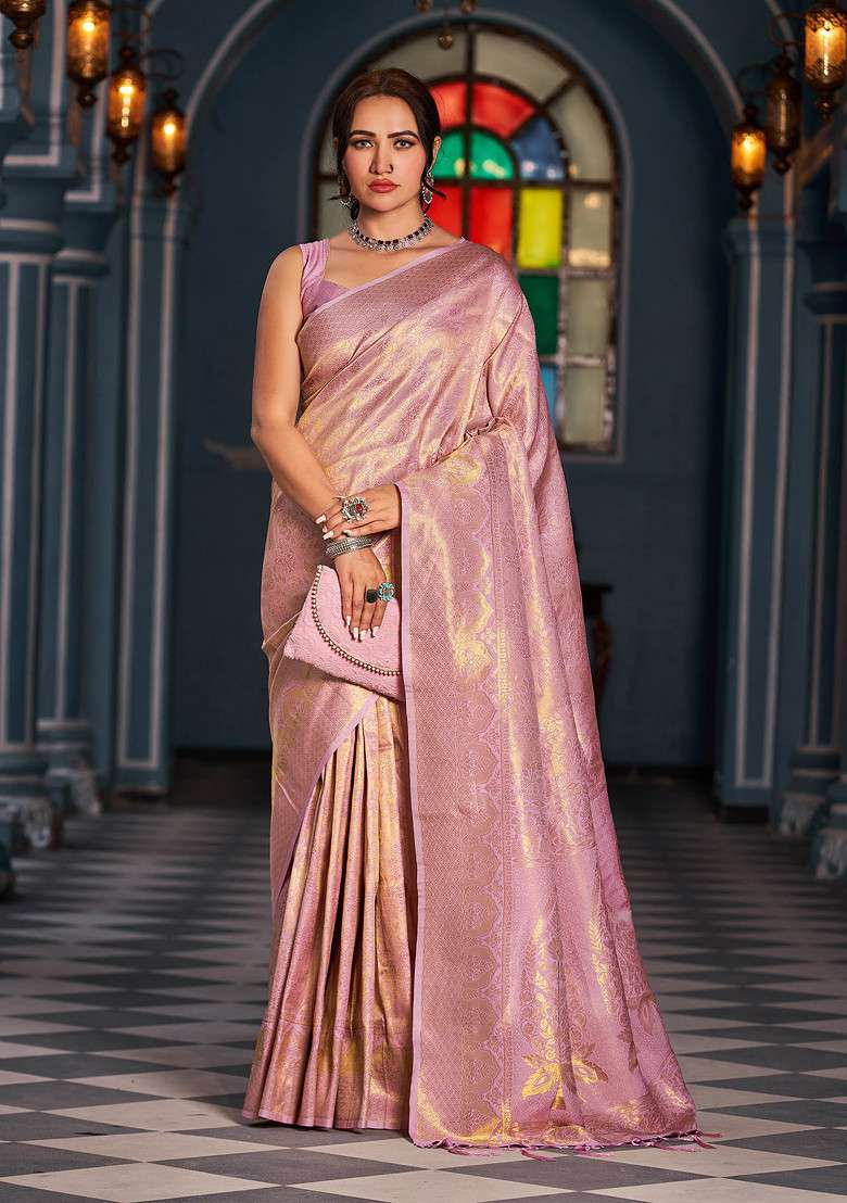 Purple Zari Woven Blend Banarasi Silk Saree Set for Diwali | Wedding & Festive Wear - Indya
