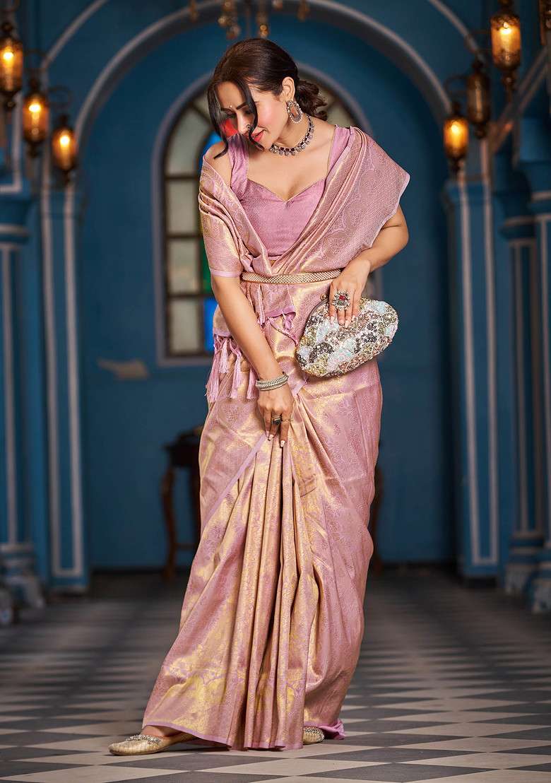 Purple Zari Woven Blend Banarasi Silk Saree Set for Diwali | Wedding & Festive Wear - Indya