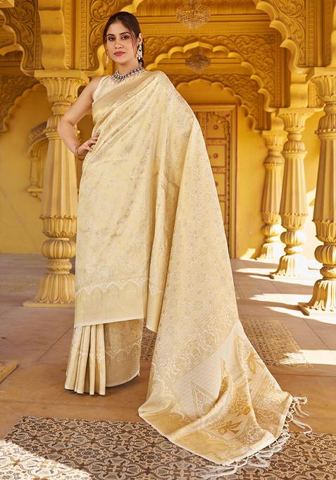 Cream Zari Woven Work Banarasi Silk Blend Saree Set