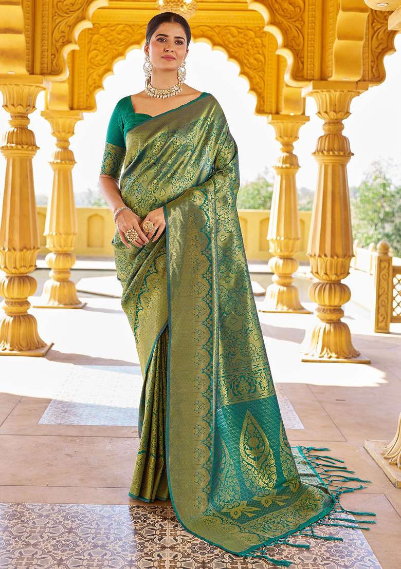 Green Woven Work Blend Banarasi Silk Saree Set for Diwali | Wedding & Festive Wear - Indya