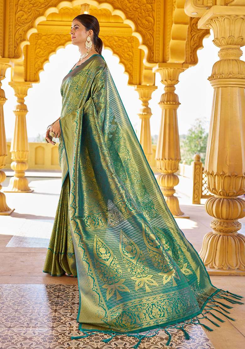 Green Woven Work Blend Banarasi Silk Saree Set for Diwali | Wedding & Festive Wear - Indya
