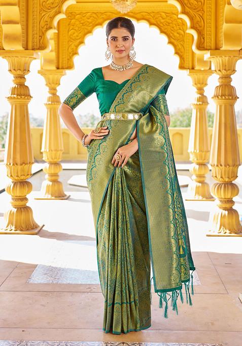 Green Woven Work Banarasi Silk Blend Saree Set