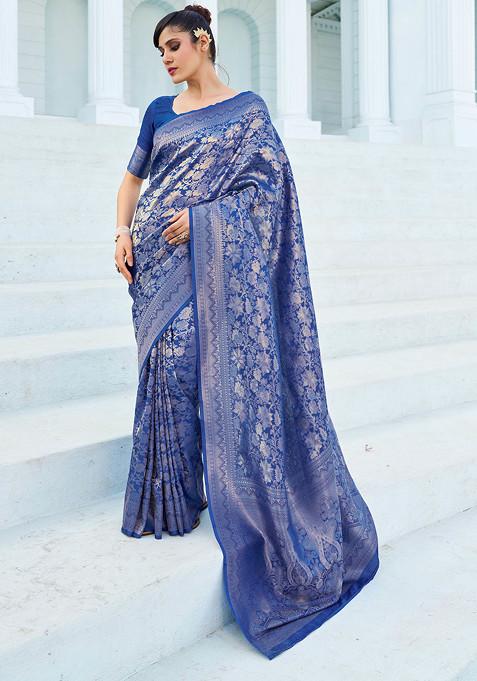 Navy Zari Woven Banarasi Silk Blend Saree Set