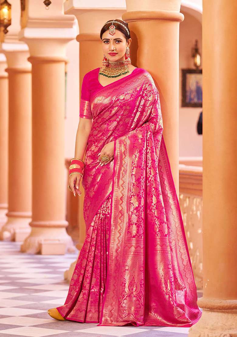 Pink Zari Woven Work Banarasi Silk Blend Saree Set for Diwali and Festive Wear - Indya