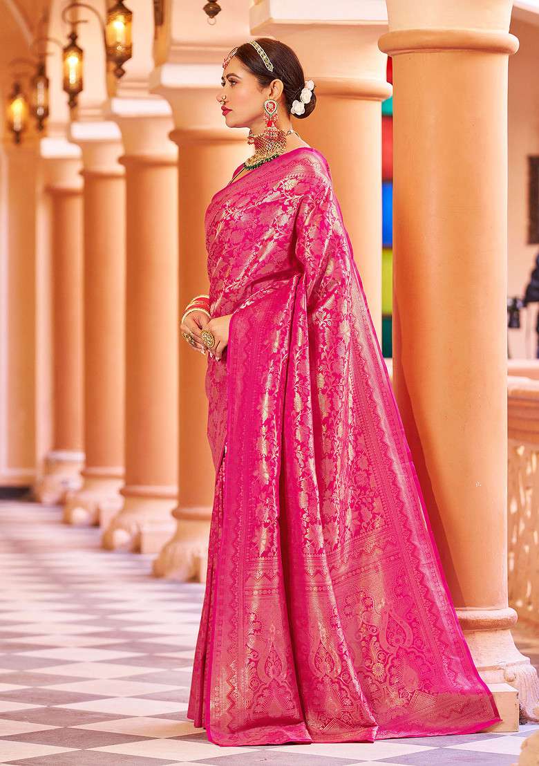 Pink Zari Woven Work Banarasi Silk Blend Saree Set for Diwali and Festive Wear - Indya