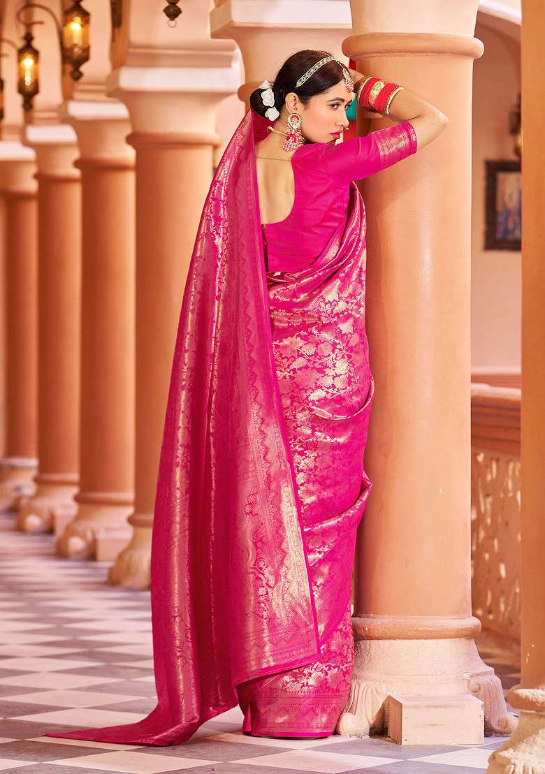 Pink Zari Woven Work Banarasi Silk Blend Saree Set for Diwali and Festive Wear - Indya