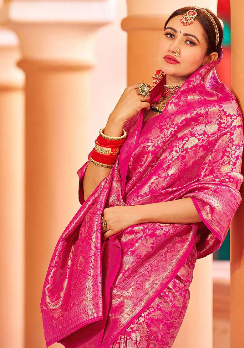 Pink Zari Woven Work Banarasi Silk Blend Saree Set for Diwali and Festive Wear - Indya