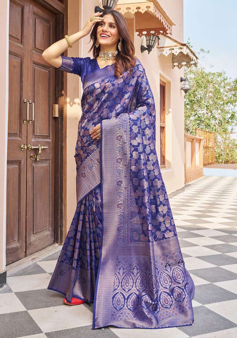 Navy Zari Woven Banarasi Silk Blend Saree Set for Diwali and Festive Wear - Indya