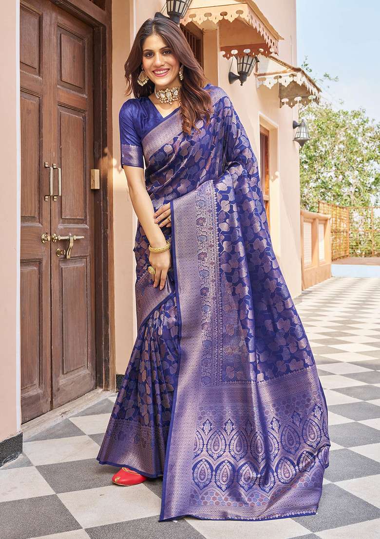 Navy Zari Woven Banarasi Silk Blend Saree Set for Diwali and Festive Wear - Indya